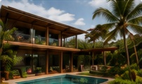 Condomínio residencial com paisagismo tropical e piscina